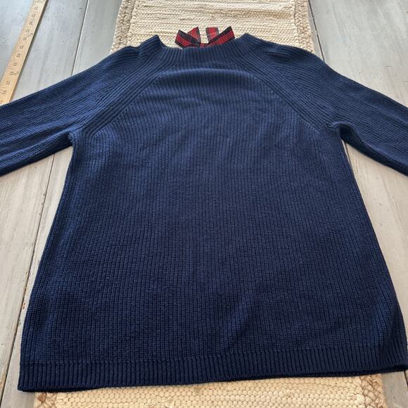J Crew Mercantile Navy Blue Knit High Neck Sweater Red Plaid Bow Size M Preppy - Picture 8 of 8